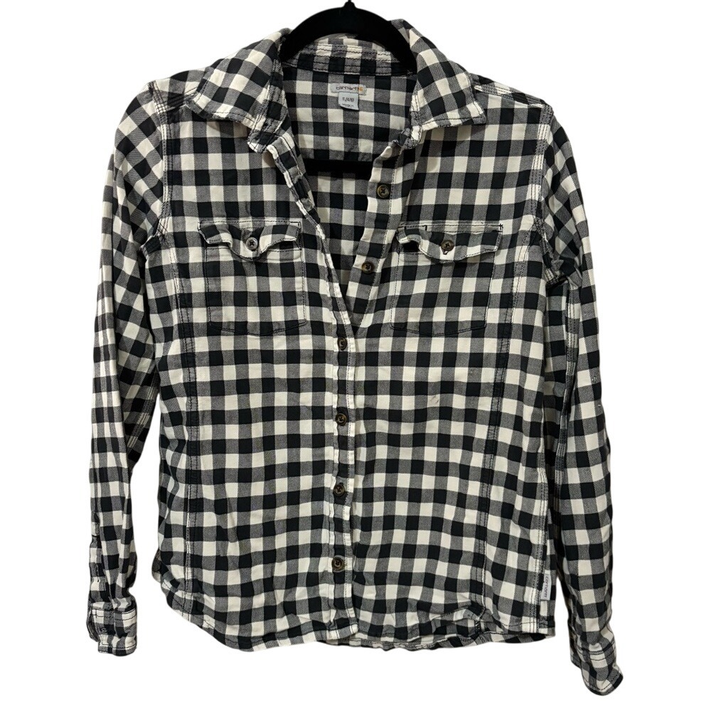 Carhartt Black and White Long Sleeve Notched Collar Shirt Plaid Gingham Checkere